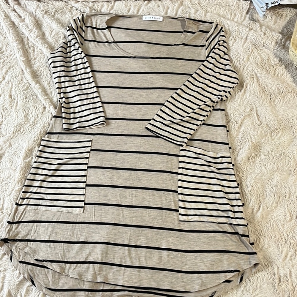 NWOT Chris & Carol Striped Beige / Black Two Front Pockets Tunic  Dress Size M